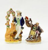 Staffordshire flatback spill vase of a highland couple seated beneath a tree and a figure