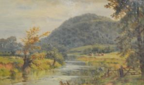 English School 19th century Oil on board Summer river landscape with cows lying down and wooded
