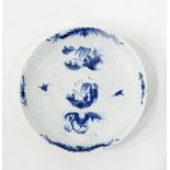 18th century Worcester blue and white saucer with moulded decoration and the 'The Fisherman and