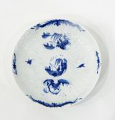 18th century Worcester blue and white saucer with moulded decoration and the 'The Fisherman and