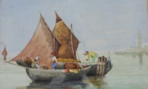 Victorian watercolour of figures in boats, signed with monogram and dated '94,