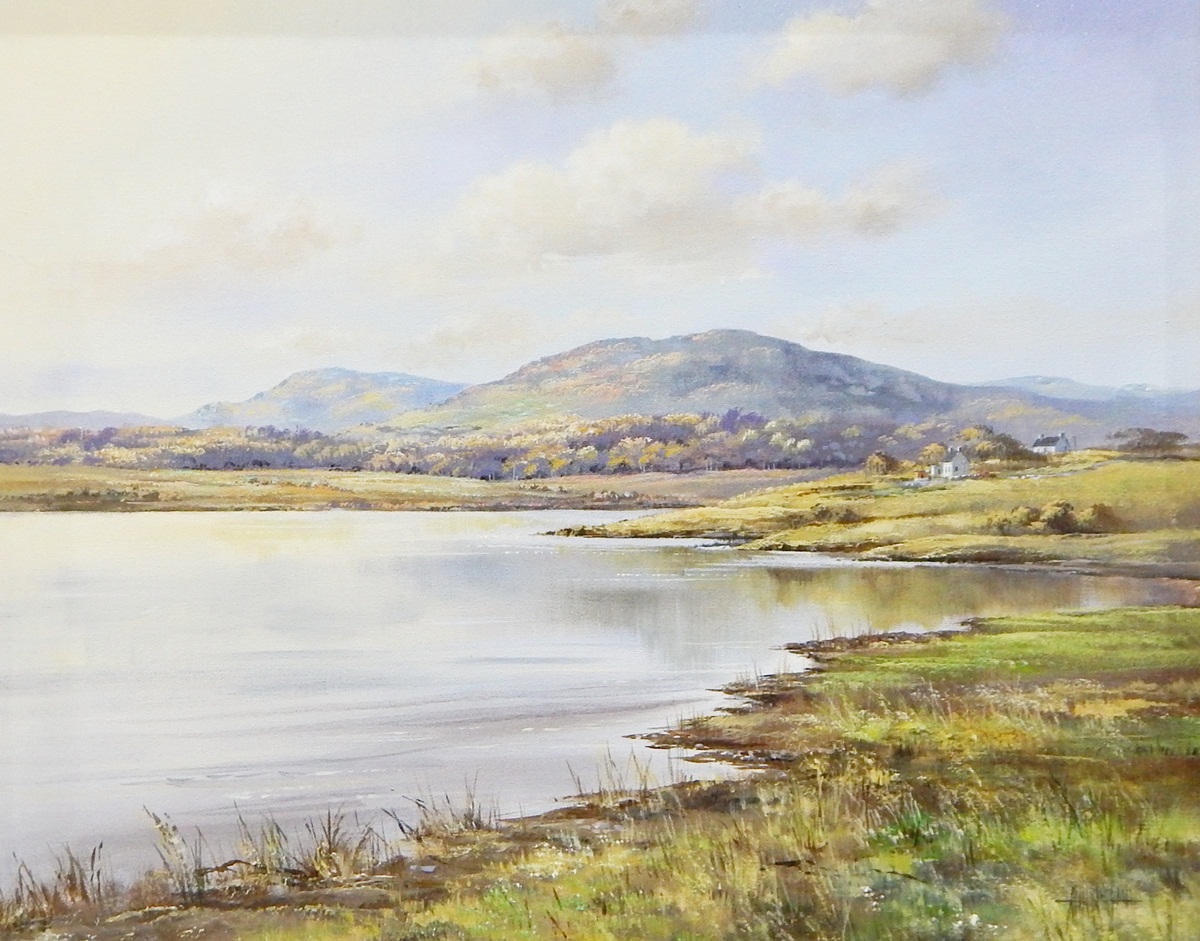 Alan Morgan (20th century) Oil on canvas Loch side landscape with cottages and hills in distance,