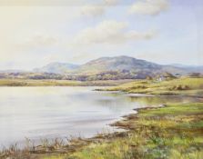 Alan Morgan (20th century) Oil on canvas Loch side landscape with cottages and hills in distance,