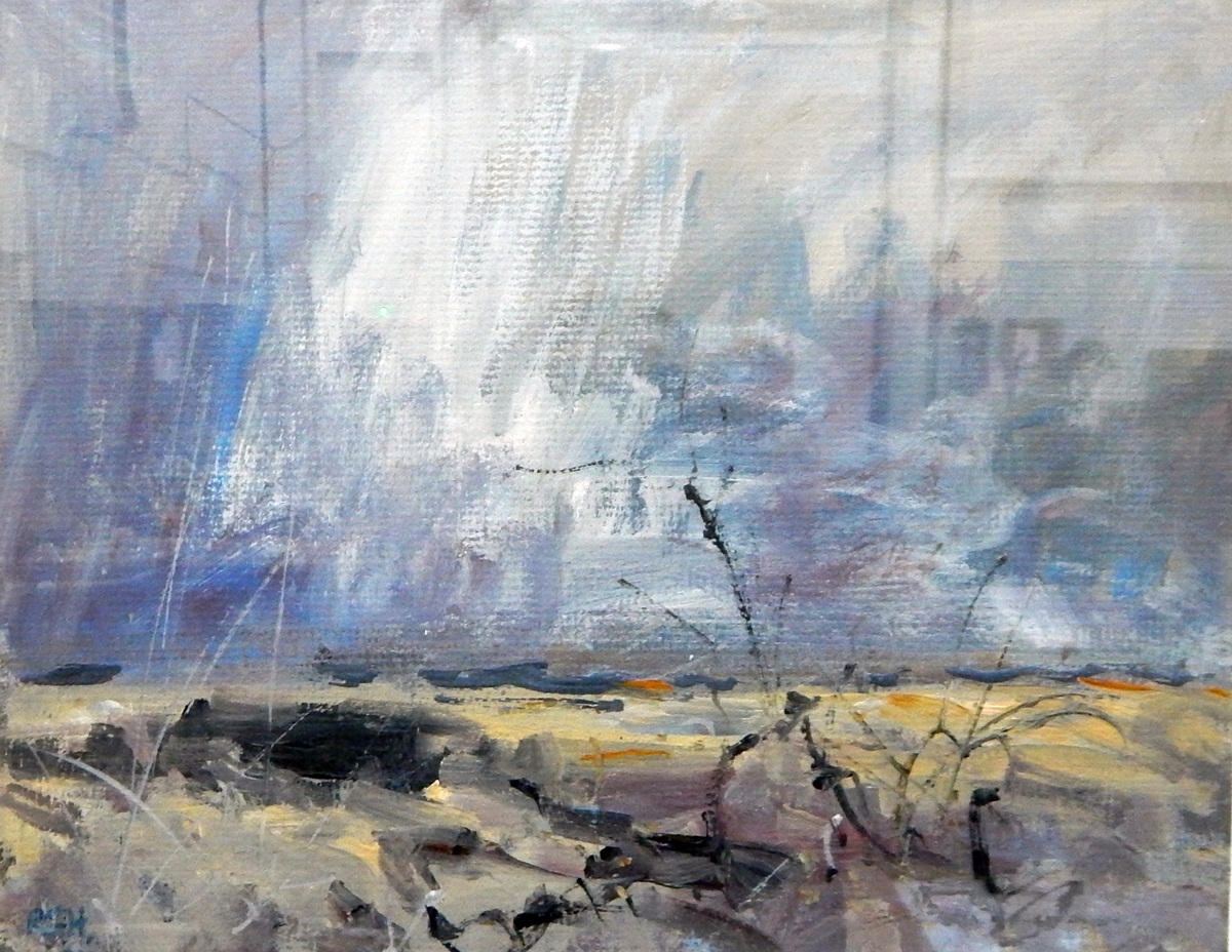 Rachel Grainger-Hunt, Irish 20th century Acrylic on board "Shower", winter's landscape,