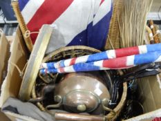 Large Union Jack flag, a copper kettle, brass items, Eastern woven basket,