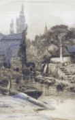 Wilfred Ball (1853-1917) Etching Mill scene with figures by a cottage and boat in foreground,