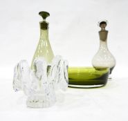 Smoky glass decanter of teardrop form, two more similar examples, a crackle design spherical vase,