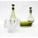 Smoky glass decanter of teardrop form, two more similar examples, a crackle design spherical vase,