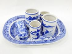 Victorian blue and white meat plate, a Victorian blue and white tureen and cover,