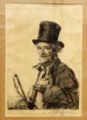 After Joseph Simpson Etching Half-length portrait of a huntsman in top hat holding a riding crop,
