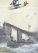 Piani(?) Watercolour S59 Savoia aircraft above an Italian war ship, signed upper left, 31.5cm x 22.