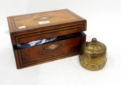 Victorian walnut sewing box and contents of sewing items and a hammered brass jar and cover and