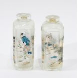 Pair of Chinese glass snuff bottles of square form, internally painted with figures and landscapes,