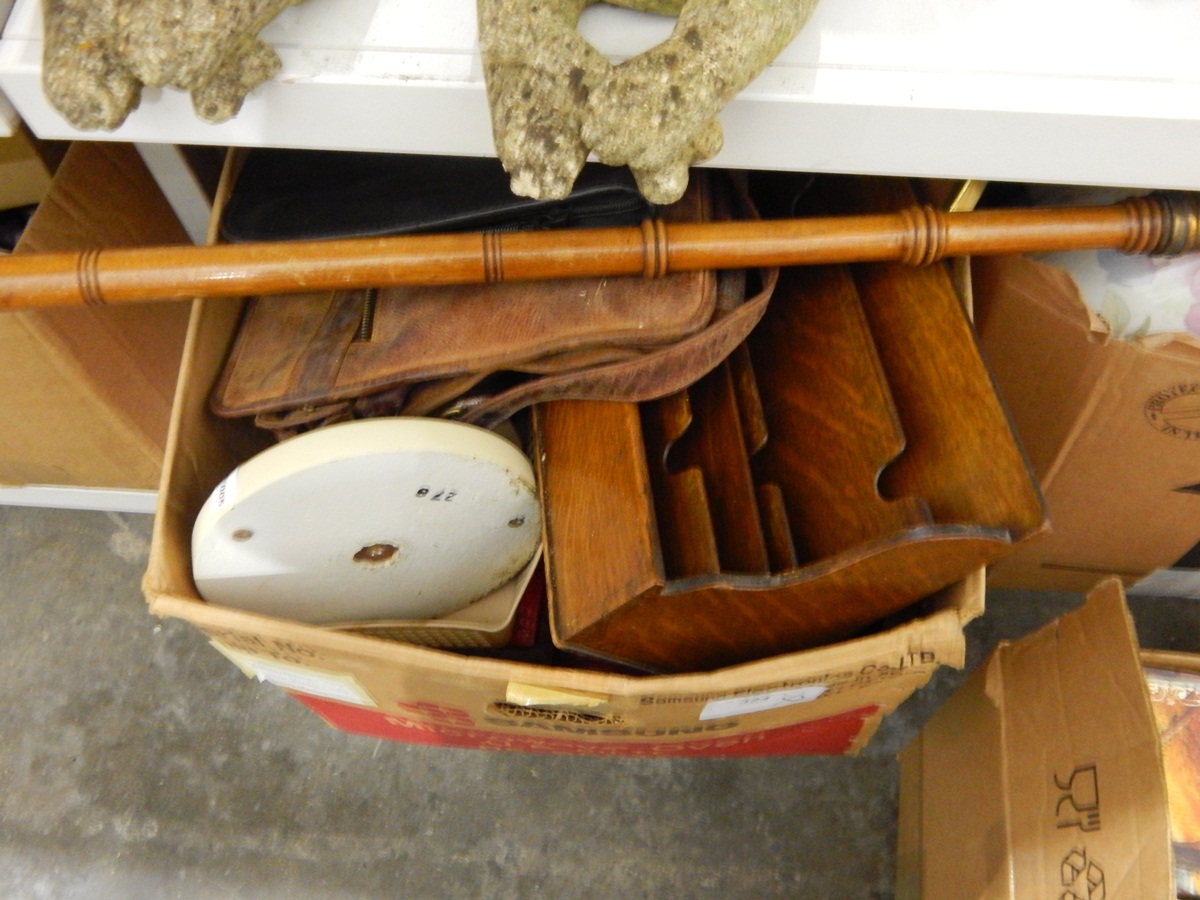 Large quantity of assorted items including a copper and wooden warming pan, a wooden letter rack,