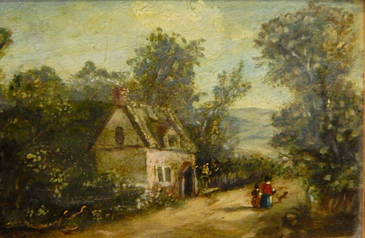 Oil on board Country landscape with cottage and figures,