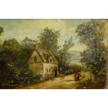 Oil on board Country landscape with cottage and figures,