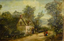 Oil on board Country landscape with cottage and figures,