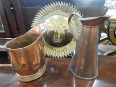 Globe, various metalware items including copper ewer and a copper jug,