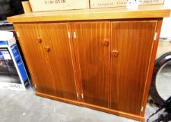 Modern dwarf mahogany-finish four-door cupboard,