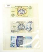 Three Bank of Scotland banknotes comprising one £5 note (1 November 1968,