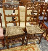 Two continental ladderback dining chairs with rush seats, shaped rails,
