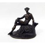 A modern bronze model of Mercury, seated on a tree stump, with his caduceus at his feet,