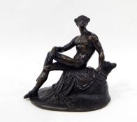 A modern bronze model of Mercury, seated on a tree stump, with his caduceus at his feet,