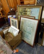 A large quantity of framed prints and a wall mirror and a pair of oval mirrors with gilt plaster