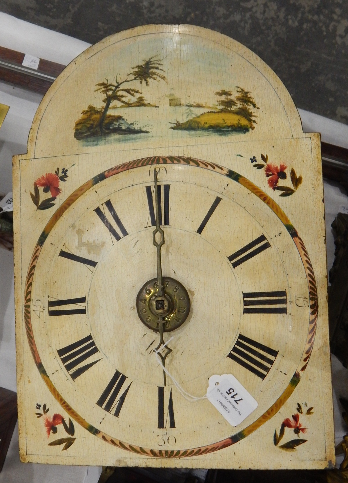 Black Forest longcase "Schield" clock movement, the painted dial with Roman numerals,
