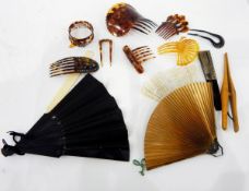 19th century Chinese bone fan with pierced fingers, further fans, a quantity of tortoiseshell combs,