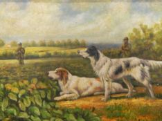 L Roberts(?), British 20th century Oil on canvas Gun dogs with men in distance, signed lower right,