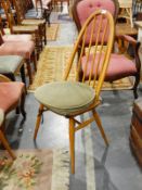 Set of four 20th century Ercol stickback dining chairs with green seat cushions and a matching