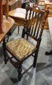 Set of four oak framed dining chairs with bobbin turned supports and loose trap seats and pair of