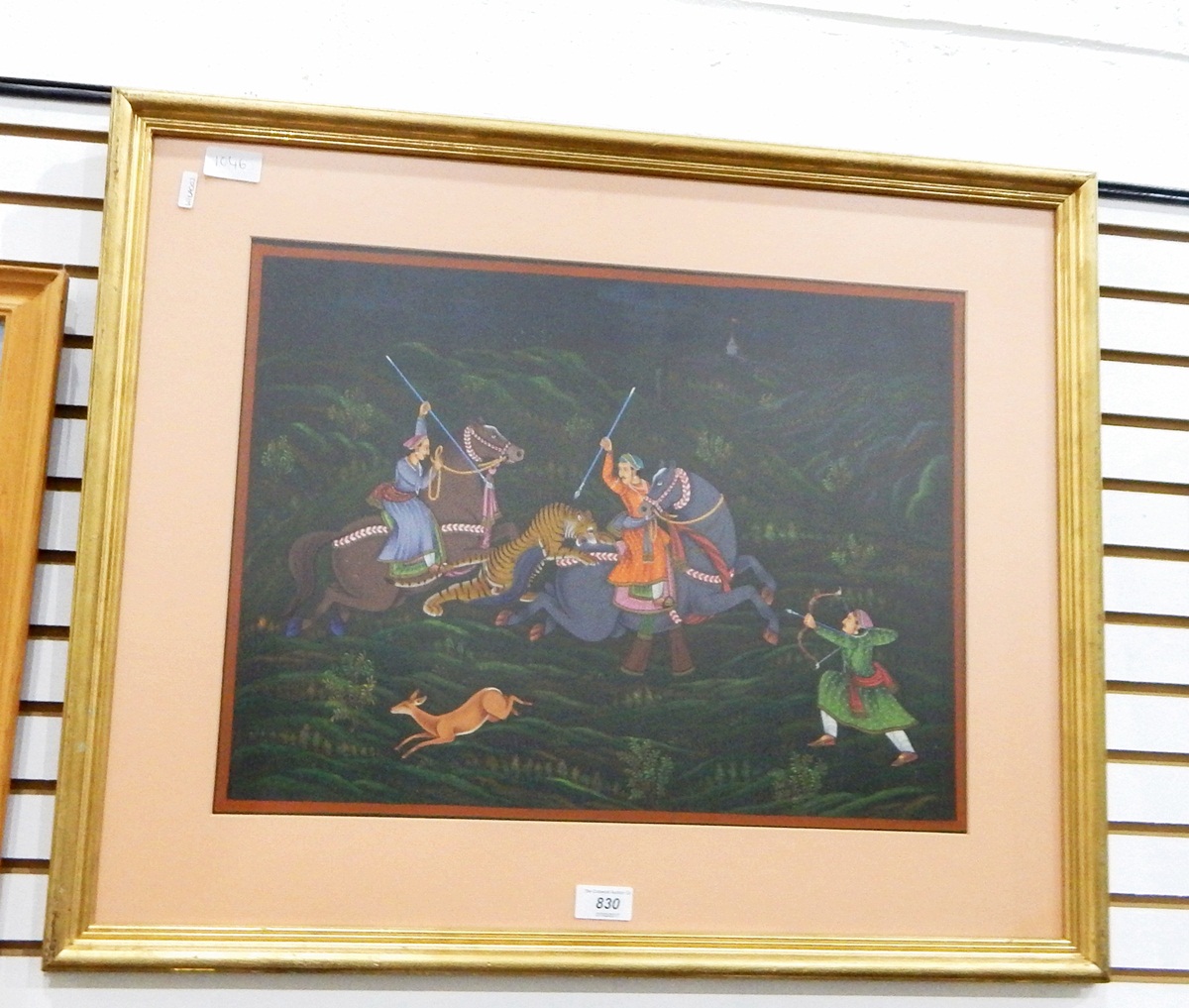 20th century Eastern school Gouache on paper Moguls on horseback hunting tigers,