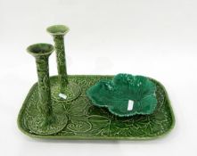 Portuguese pottery tray by Bordalo Pinheiro decorated with vine leaves, in a green glaze,