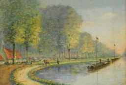 E Caron(?) Oil on board Barges being pulled by horse,