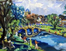 Alan Pyburn (20th century) Acrylic on board 'Bourton-on-the-Water' signed and dated '97 lower