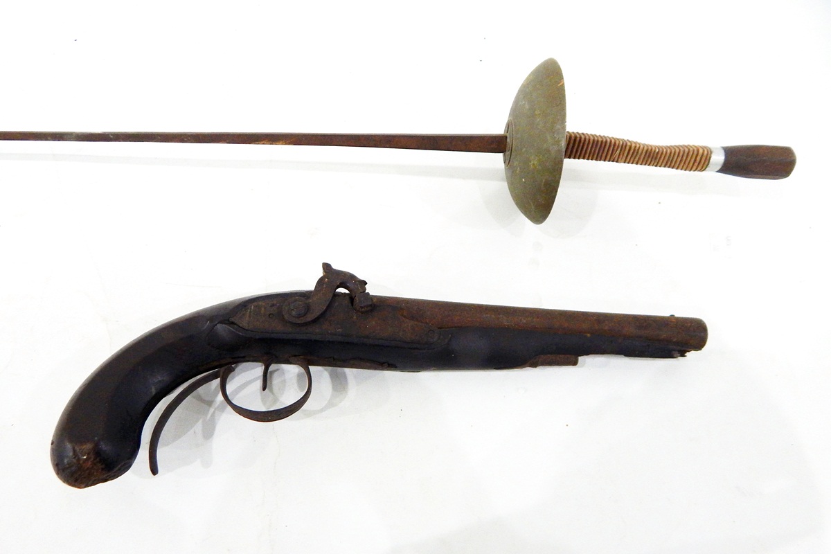 19th century percussion pistol with wooden body and metal mounts (af) and a fencing rapier with
