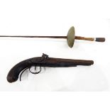 19th century percussion pistol with wooden body and metal mounts (af) and a fencing rapier with