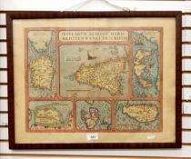 After Abraham H Ortelius Handcoloured engraved map "Insularum Aliquot Maris Mediterranei