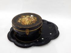 19th century Toleware tray of oval lobed form, 53cm long and a tin hatbox of circular form,