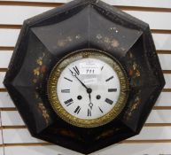 Japanned wall clock, the octagonal case painted with flowers on a black ground,