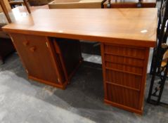 Modern sapele-finish dressing table with push lever to rise extra leaf,