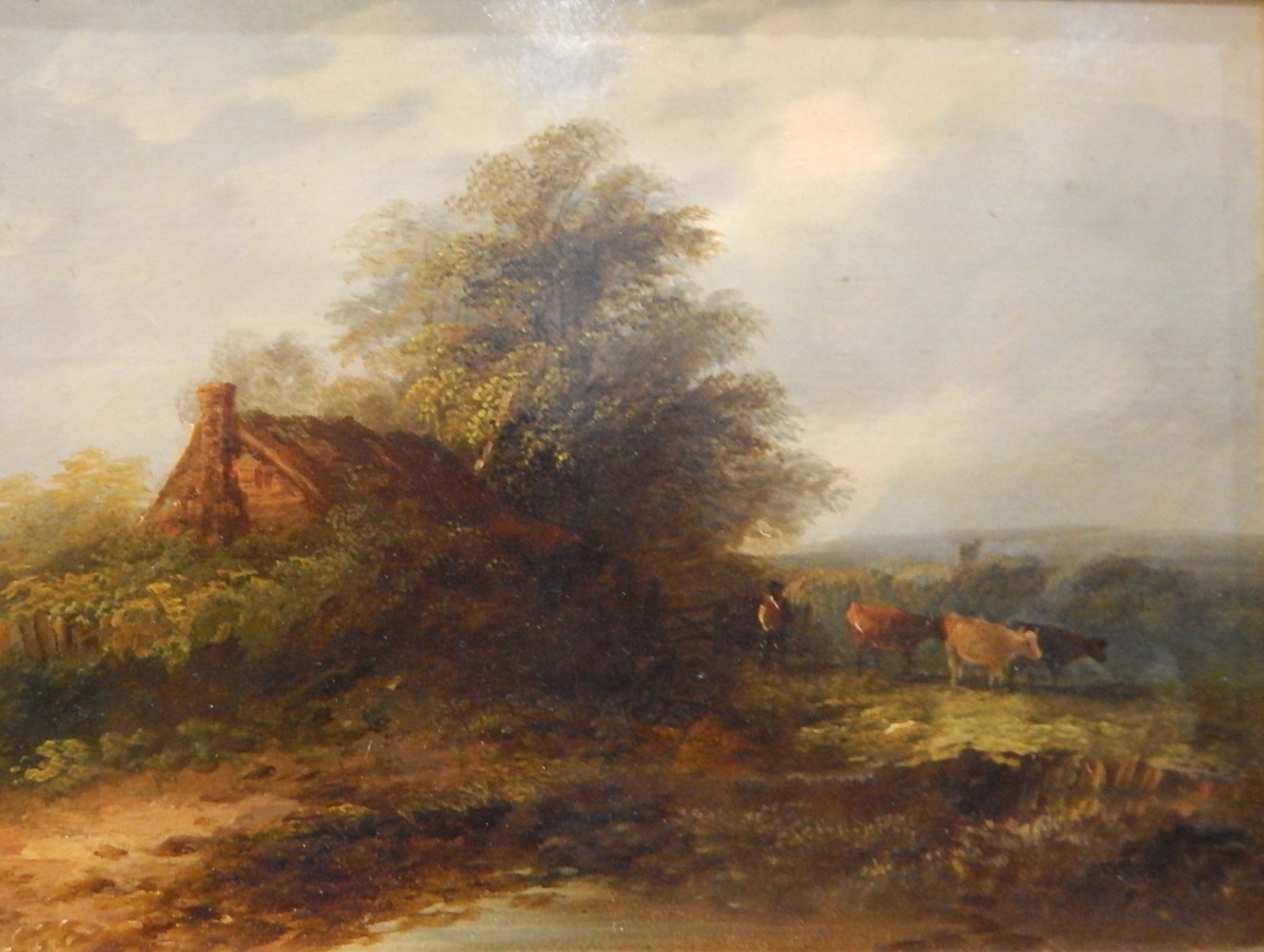 Ely School (?) 19th century Oil on board Rural landscape with figure by cows,