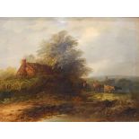 Ely School (?) 19th century Oil on board Rural landscape with figure by cows,