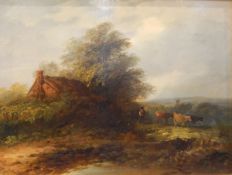 Ely School (?) 19th century Oil on board Rural landscape with figure by cows,