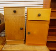 Two bedside cabinets and a chest of four drawers with turned knob handles and a pine chest of four