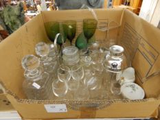 Assorted glassware, a silver plated cocktail shaker, etc.