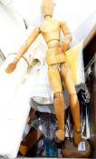 Wooden articulated figure used by artists, a collection of artists materials including brushes,