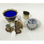 Two silver plated cruets each with three condiments,